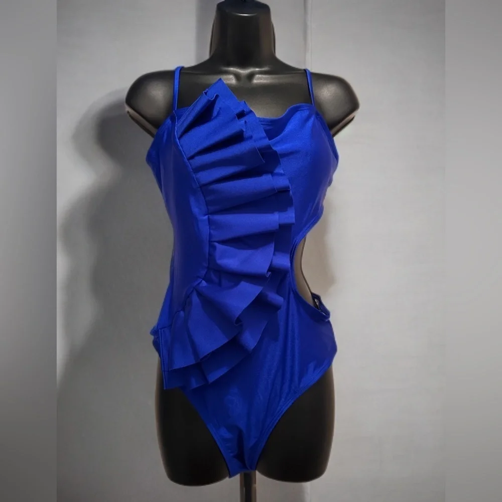 NWT Women’s One Piece Swimsuit Flounce & Hole Out Padded Monokini Blue Size L